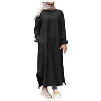 Jalabiya Long-Sleeved Plus Size Dress Womens Summer Encanto Work Vneck Cotton Comfort Plain Pocket Comfortable Dresses Ladies Black