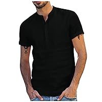 Mens Sexy V Neck Shirts Plain Button Linen T-Shirt Casual Fitted Tee Tops Short Sleeve Summer Beach Holiday T Shirt