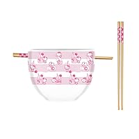 Silver Buffalo Sanrio Hello Kitty Strawberry Milk Pattern Ceramic Ramen Noodle Rice Bowl with Chopsticks, Microwave Safe, 20 Ounces