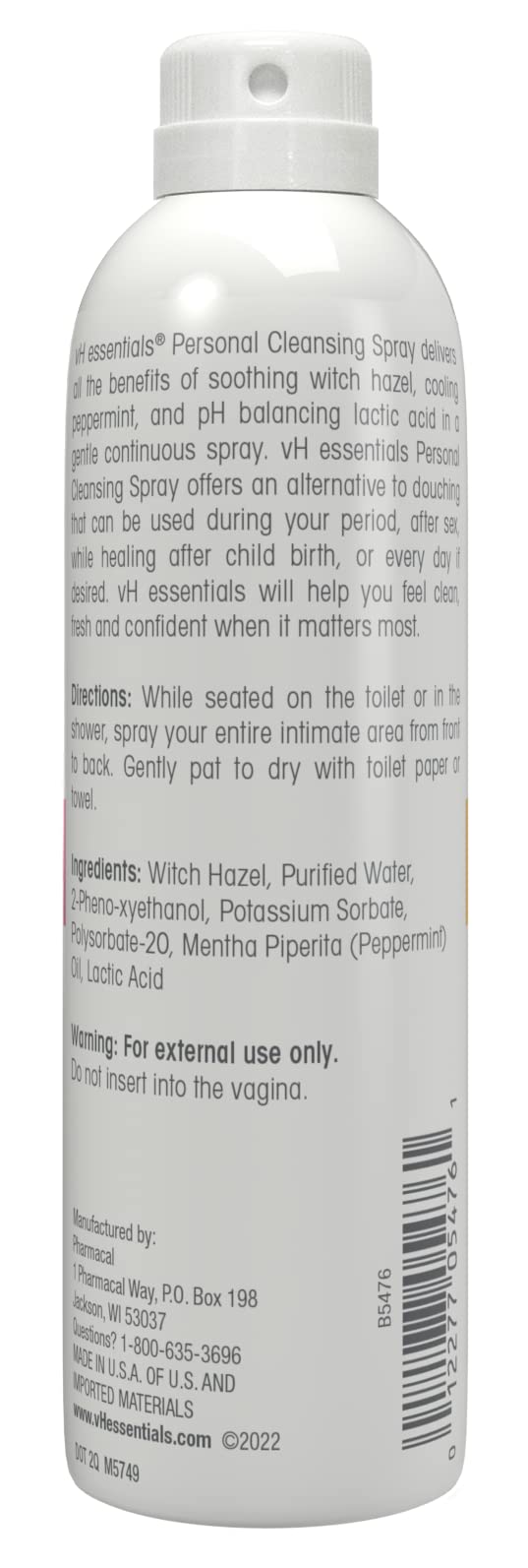 vH essentials Personal Cleansing Spray, pH Balancing Lactic Acid, Sting-Free, Witch Hazel Formula, Fragrance free, Paraben free, Sprays upside down for easy external intimate cleansing, 4 floz