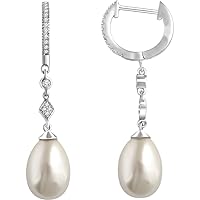 14k White Gold Polished White Freshwater Cultured Pearl and 0.17 Dwt Diamond Earrings Jewelry for Women