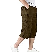 Men's Capri Pants Cargo Shorts Twill Elastic Below Knee 3/4 Capri Long Shorts with Multi Pockets Hiking Workout Gym