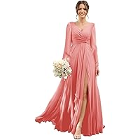 Chiffon Bridesmaid Dresses 2024 for Women with Slit V Neck Long Sleeve Flowy Formal Dresses with Pockets