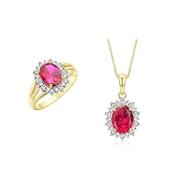 Rylos Women's Yellow Gold Plated Silver Princess Diana Ring & Pendant Set. Gemstone & Diamonds, 9X7MM Birthstone. 2 PC Perfectly Matched Friendship Jewelry.