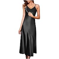 Women's Evening Maxi Dress V Neck Solid Color Cami Dresses Fashion Satin Pleated Flowy Dress for Womens Sexy Party Dress