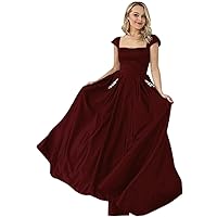 Women's Cap Sleeve Satin A-Line Prom Dresses Beaded Pockets Evening Gown