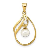 14k Gold 5 6mm Round White Freshwater Cultured Pearl .05ct. Diamond Pendant Necklace Jewelry for Women