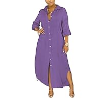 Women's Button Down Maxi Shirts - Casual Loose Long Sleeve Roll Up Shirt Dress Split Dresses