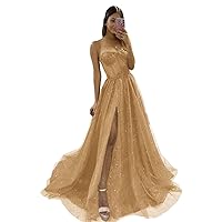 Maxianever Women's Plus Size Prom Dresses with Split Gold Floor Length Glitter Tulle Formal Evening Party Corset Gowns US24W