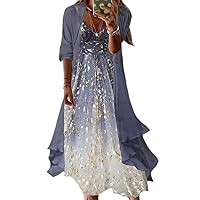 Womens Two Piece Floral Print Dress with Cardigan Chiffon Plus Size Wedding Guest Dresses 3/4 Sleeve Dresses