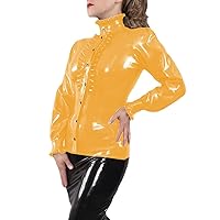 Ruffles Party Tops Womens Turtleneck PVC Shiny Shirts Wetlook Botton-Up Long Sleeve Female Blouse