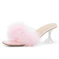Heiyom Women's Square Toe High Stilettos Heels Mules Sandals Fluffy Feather Slip on Clear High Heels Wedding Bridal Party Dress Shoes