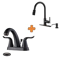 WOWOW Bathroom Faucet 4 inch Centerset Oiled Rubbed Bronze and Kitchen Faucets with Pull Down Sprayer 04 Stainless Steel High Arc Single Handle Pull Down Kitchen Faucet