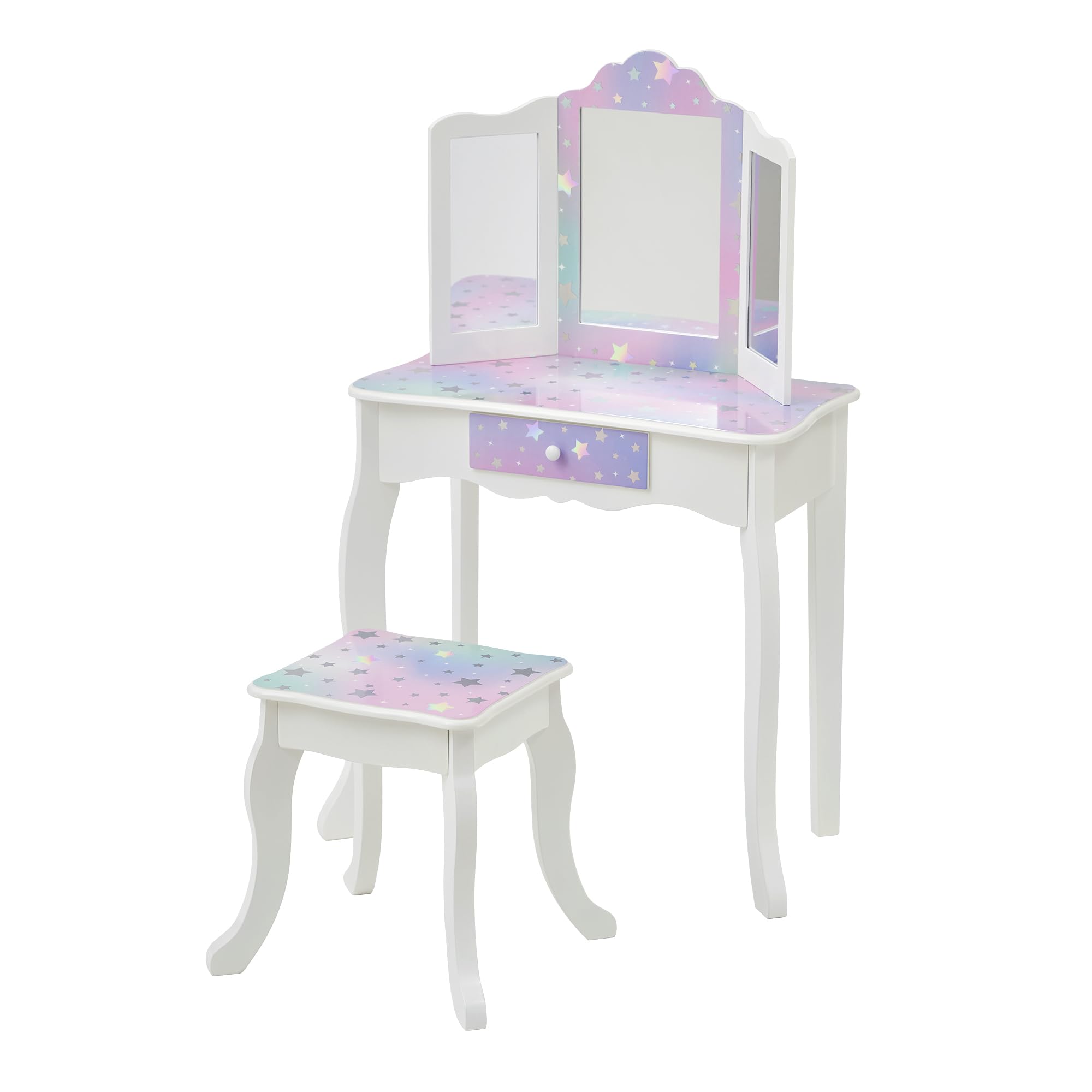Teamson Kids - Pretend Play Kids Vanity, Table and Chair Vanity Set with Mirror Makeup Dressing Table with Drawer, Starry Sky Print Gisele Play Vanity Set, White/Lavender, Gift for Ages 3+