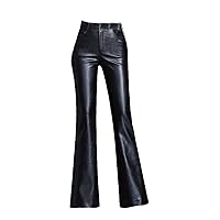 Retro Women Black Faux Leather Pants Stylish Bodycon Clubwear High Waist Lady Stretch Leggings Flared Trousers