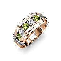 Round Peridot and Diamond 1 1/8 ctw 7 Stone Channel Set Men Wedding Ring 14K Gold