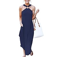 ANRABESS Womens Summer Casual Halter Maxi Dress Split Side Long Beach Sundress 2024 Travel Vacation Outfits with Pockets