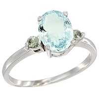 10K White Gold Natural Aquamarine Ring Oval 9x7 mm Green Sapphire Accent, Sizes 5 to 10