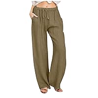 Women's Summer Pants Drawstring Waist Wide Leg Loose Cotton Linen Palazzo Pants Casual Lightweight Linen Beach Pants