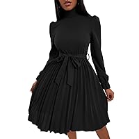 Women Dresses Turtleneck Flounce Sleeve Pleated Hem Belted Dress (Color : Black, Size : X-Small)