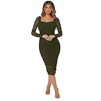 Dresses for Women Ruched Mesh Bodycon Dress (Color : Army Green, Size : Small)