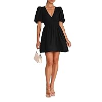 Deep V Mini Dress for Women Summer Short Dress Puff Sleeve Elastic Waist A Line Flare Dresses