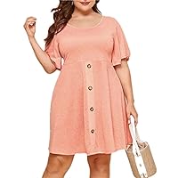 Plus Size Short Flare Sleeve A-Line Dress Women Button Front Fit Party Casual Beach Dress