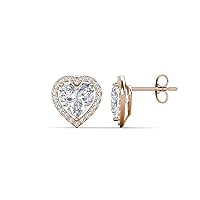 Heart Shape Created White Sapphire & Round Natural Diamond 2.84 ctw Women Heart Shape Halo Stud Earrings 14K Gold