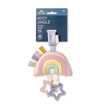 Itzy Ritzy Bitzy Bespoke Jingle Travel Toy for Stroller, Car Seat or Activity Gym; Features Jingle Sound, Hexagon Rings and Adjustable Attachment Loop, Pastel Rainbow (JIN3003)