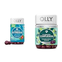 OLLY Goodbye Stress Gummy, 60 Count & Flawless Complexion Gummy, 50 Count Skin Support Supplement Bundle