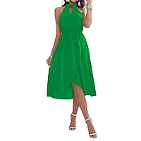 Dresses for Women Halter Keyhole Neckline Asymmetrical Wrap Hem Dress (Color : Green, Size : Medium)