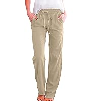 SNKSDGM Womens Summer Elastic High Waisted Linen Palazzo Pants Wide Leg Long Straight Comfy Pant Trouser with Pockets