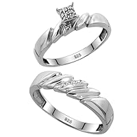 Genuine 925 Sterling Silver Diamond Trio Wedding Sets for Him and Her Rice Links 3-piece 5mm & 4mm wide 0.10 cttw Brilliant Cut sizes 5-14