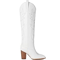 Mostrin White Cowgirl Boots for Women Embroidered Cowboy Boots Pointed Toe Boots Chunky Stacked Heel Pull On Western Knee High Boots Size 6