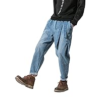 Men's Japanese Cargo Jeans Wide Leg Loose Baggy Harem Pants Elastic Waist Capri Pants