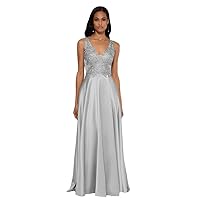 Women's V Neck Satin Bridesmaid Dresses A Line Applique Long Formal Prom Party Gowns with Pockets