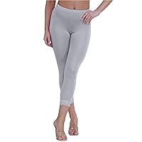 New Womens Lace Trim Plain 3/4 Leggings Gym Stretch Capri Cropped Jogging Pants Grey