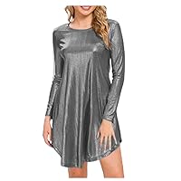Plus Size Metallic O-Neck Party Dress Women Irregular Loose Dress (Silver,M)