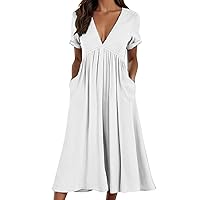 Women's Spring/Summer Solid Color Short Sleeved Cotton Dress Linen Waist Casual Petite Flowy Midi Dresses with Pockets
