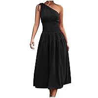 QIGUANG Women Ruched Tie One Shoulder Empire Waist Dress Summer Fashion Smocked Waisted Sleeveless Plain Midi A-Line Dresses