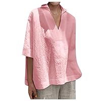 Plus Size Womens Deep V Neck Tunic Tops Cotton Linen Short Sleeve Loose T-Shirts Summer Casual Fashion Stand Collar Blouses