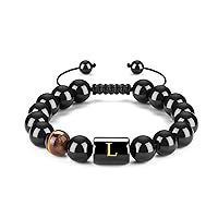 Initials Bracelets for Men Letter Link Handmade Natural Black Onyx Tiger Eye Stone Beads Braided Rope Meaningful Bracelet