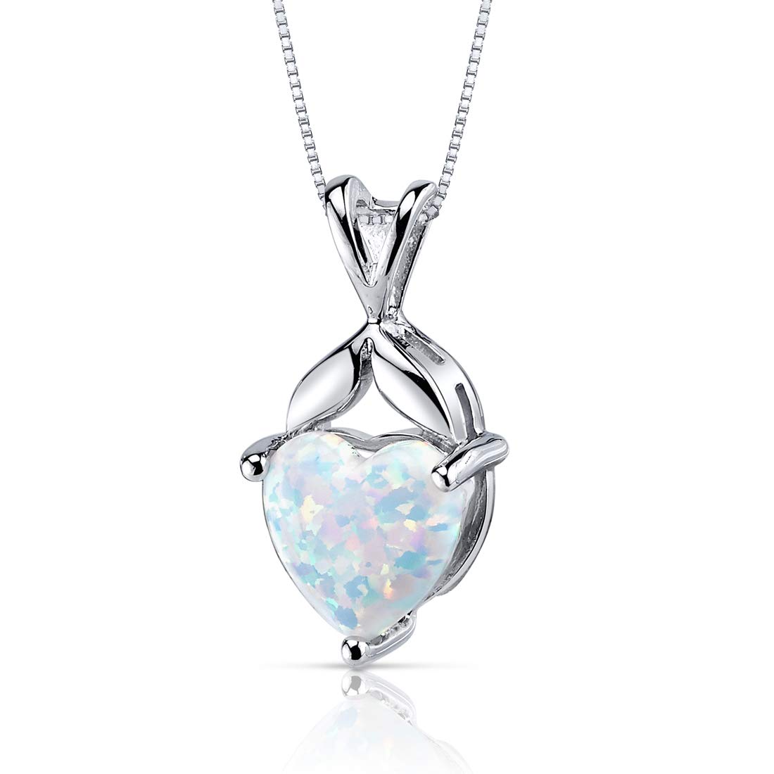 Peora Created White Fire Opal Pendant Necklace 925 Sterling Silver, Classic Solitaire, 2.50 Carats Heart Shape 9mm with 18 inch Chain
