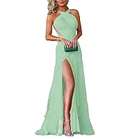 Criss Cross Halter Neck Chiffon Bridesmaid Gown Sleeveless Formal Maxi Dresses with Slit Pleated DR0096