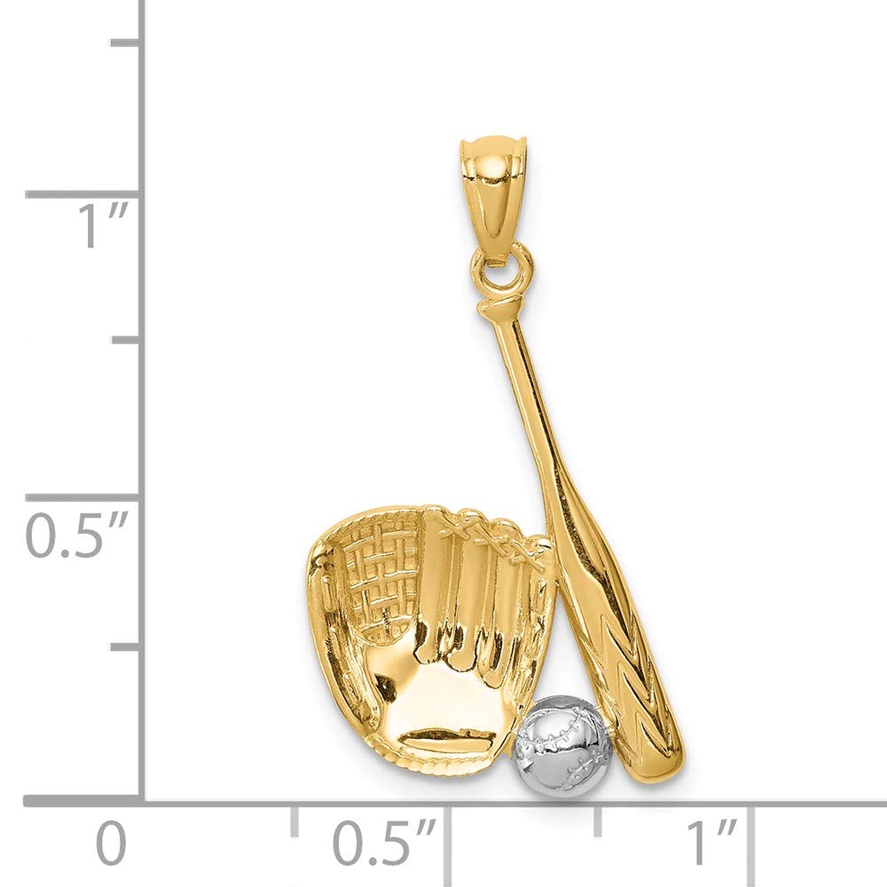 Mens 14K Yellow Gold and Rhodium-Plating Baseball Glove, Bat & Ball Pendant