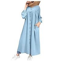 Abayas for Women Muslim with Hijab Autumn Classic Dress Ladies Beach Long Sleeve Shift Loose Plain with Pockets Comfort V Neck Thin Dress Sky Blue