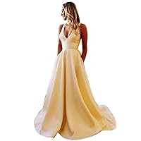 Women's A Line Satin Bridal Gowns with Pockets Sexy Backless Wedding Dresses