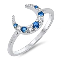 Blue Simulated Sapphire Crescent Moon Sparkle Ring .925 Sterling Silver Band Sizes 5-10