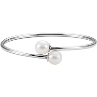 925 Sterling Silver Cultured White Fw Pearl 9.5 10mm Polished White Pearl Flexible Cuff Stackable Bangle Bracelet Jewelry for Women