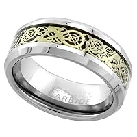 Sabrina Silver Tungsten Carbide 8 mm Flat Wedding Band Ring Inlaid Celtic Dragon Pattern Beveled Edges sizes 7 to 14